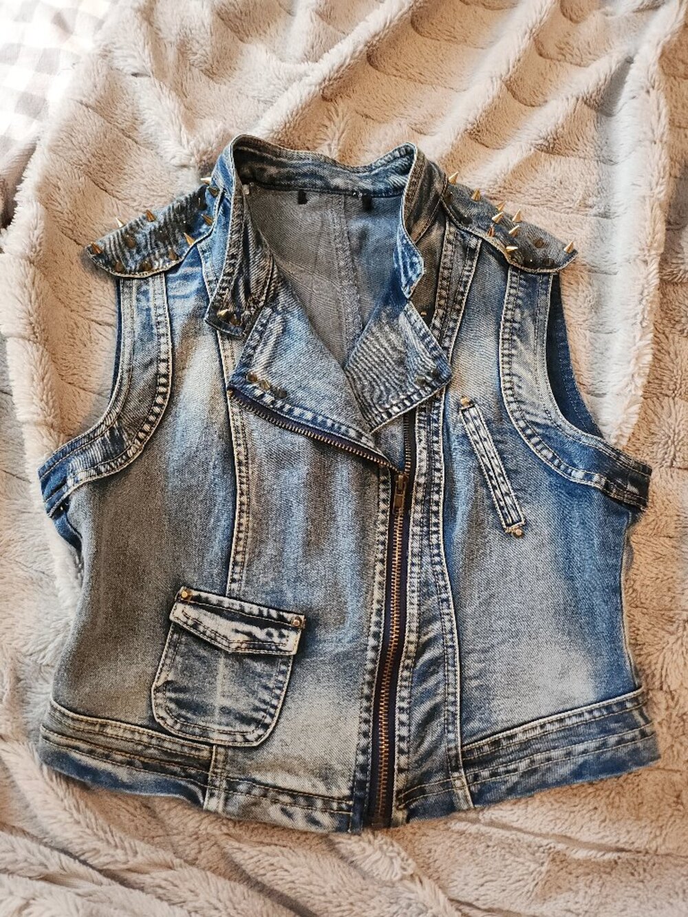 Studded washed denim moto vest